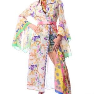 Sheer Floral Kimono Robe with Pink Sash - Multicolor